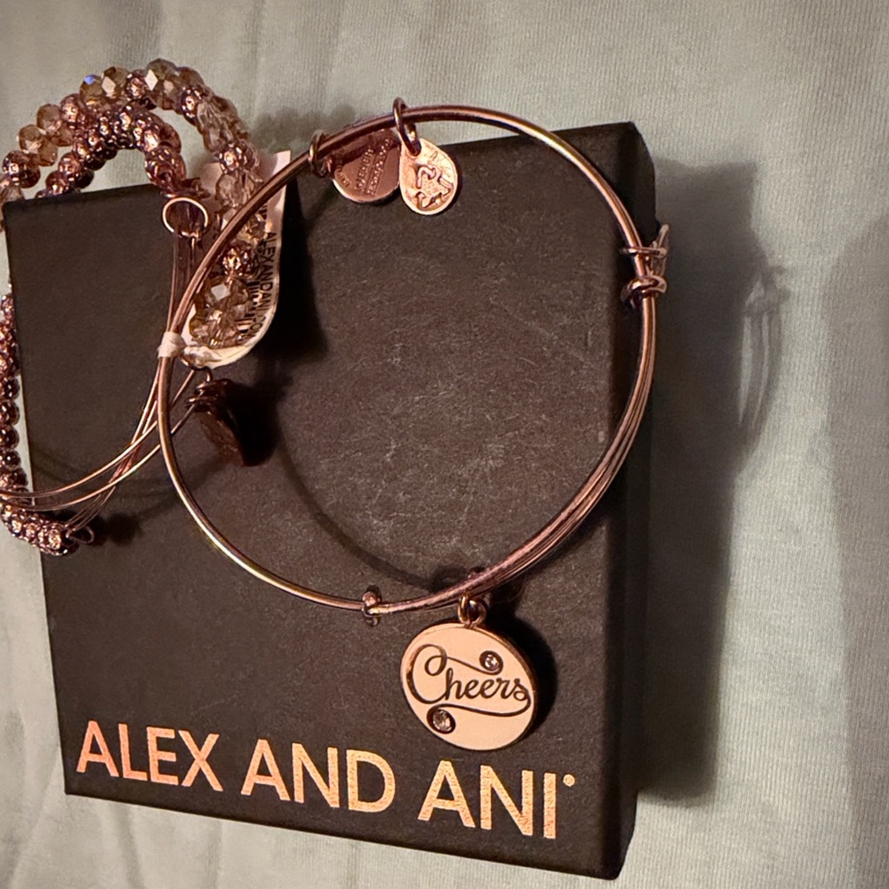 NEW SET Alex and Ani Cheers Charm Bracelet Rose Gold GIFT BOX CHAMPAGNE BEAD NWT - Picture 6 of 12